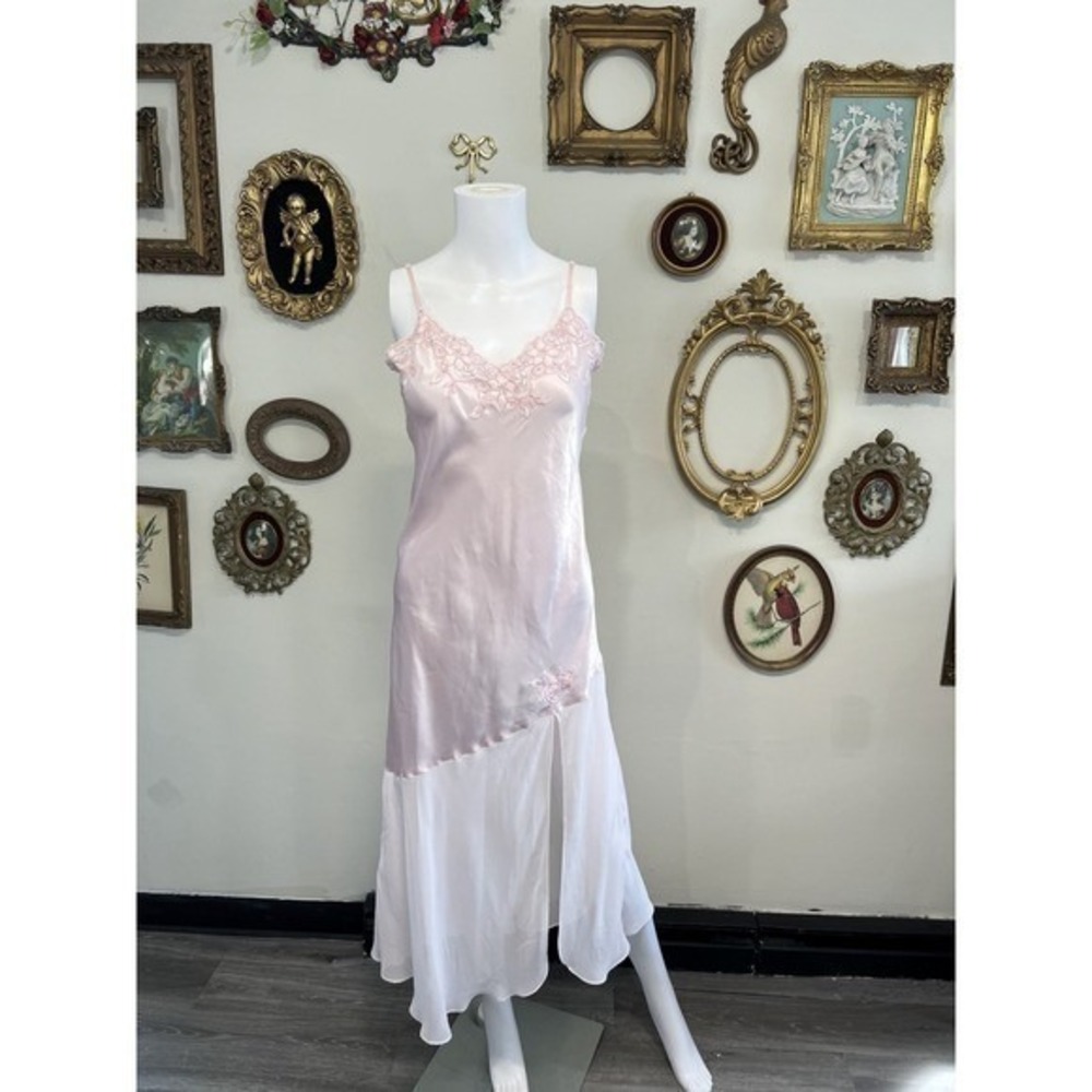 Vintage Embroidered Lace Trim High Slit Slip Dress Size S